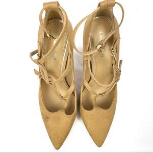 NEW GIANNI BINI Pointed Toe Tan Croc Texture Ankle Strap Heel Pumps